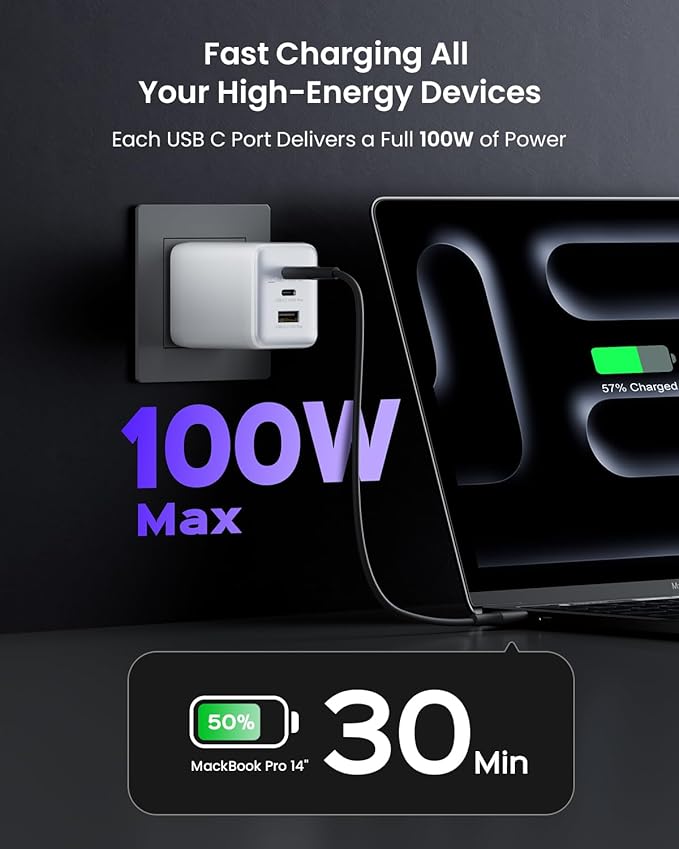 Wegear 100W USB C Charger Block, 3-Port Compact Foldable Power Adapter USB Wall Charger for MacBook Pro/Air, Dell XPS, iPad Pro, iPhone Series, Galaxy S25/S24, and More