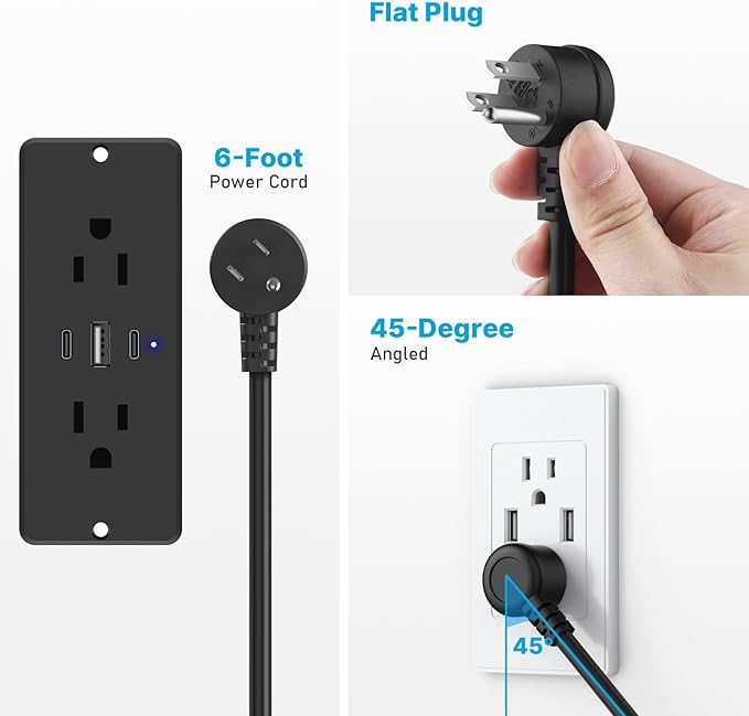 CCCEI Recessed Power Strip with Outlet and USB C Ports, Furniture Flush Mount Power Strip, Small Desk Hidden Outlet for Conference Table, Nightstand, Black, 6FT.