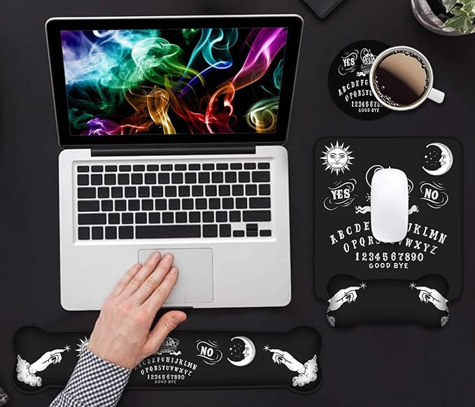 Wrist Rest Support Ergonomic Gel Mouse Pad & Memory Foam Keyboard Set, Non-Slip Rubber PU Base for Home Office Working Studying Easy Typing & Pain Relief, Ouija Board