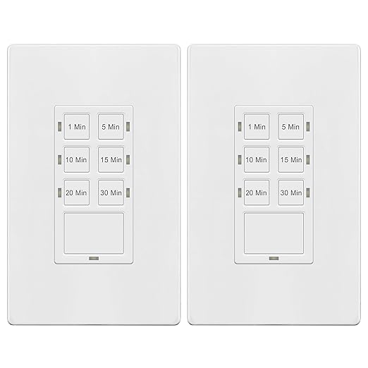 TG 30-Minute No Neutral Wire Countdown Timer Switch, 1-5-10-15-20-30 Min, for Bathroom Fans, Heaters, Lights, LED Indicator, 120VAC 800W, UL Listed, White, 2 Pack