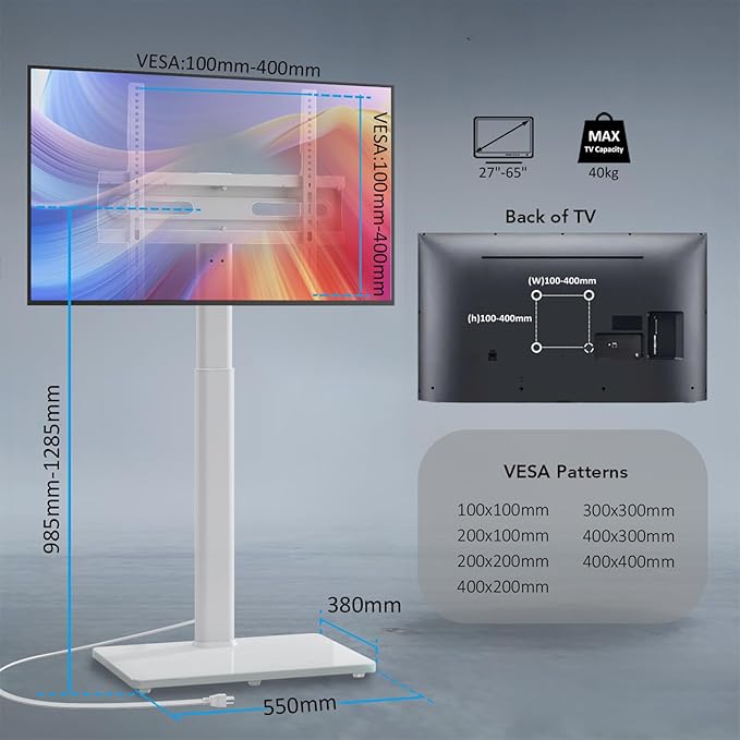 AX WABER Floor TV Stand with Power Outlet, Universal TV Stand Mount for 27-65 inch TV up to 88lbs, 70 Degree Swivel 9 Level Height Adjustable with Tempered Glass Base for Bedroom, Office White