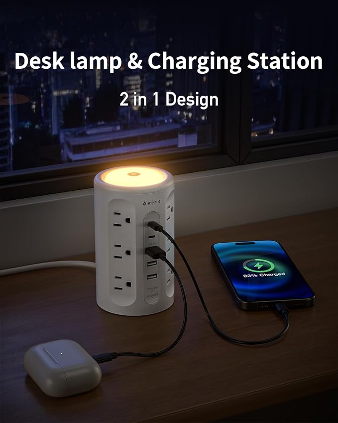 AnnTane Power Strip Tower with Night Light, 15W Surge Protector Power Strip with USB Ports, 10 FT Extension Cord with Multiple Outlets (12AC+3A+2C) for Home Office Desk DormRoom (White)