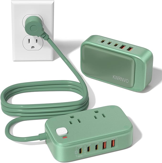KWRNVO 5FT USB Charging Station with Outlets, Flat USB C Travel Power Strip PD 20W Charger with 2500W AC Outlets, 3 USB-C Ports, 2 USB-A Ports Extension Cord for Home/Office/Travel