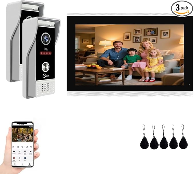 Video Doorbell Intercom System,10 Inches Touch Screen (Silver) Video Doorbell Door Phone System,Support Remote Unlock, Dual-Way Intercom,Night Vision for Villa House Apartment (2-Camera + 1-Monitor)