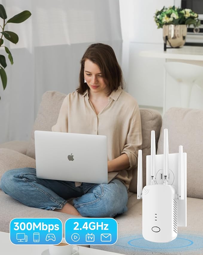 WiFi Extender, 2.4G WiFi Extender Signal Booster – 10888 Sq Ft, 80 Devices Supported & 1-Tap Faster Setup