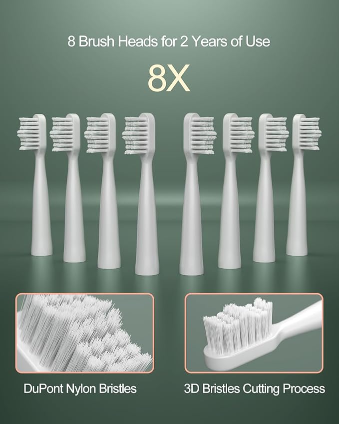 AJELU Upgrade Sonic Electric Toothbrush for Adults, 8 Replacement Brush Heads, Rechargeable Electric Toothbrush with 2-Minutes Timer IPX7 Water-Proof, for Indoor & Outdoor, White & Green Gradient