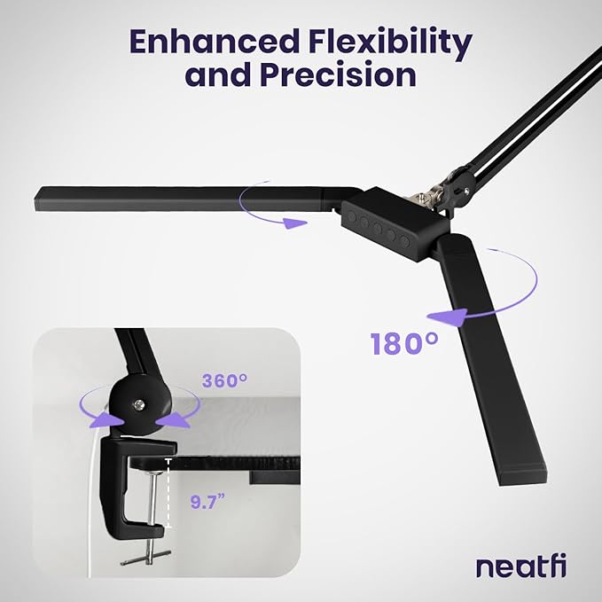 Neatfi LED Desk Lamp, Dimmable Desk Light with 360 SMD LEDs, 30W, CRI 95, Adjustable Color Temperature, Task Lamp for Home, Office, and Workbench (CCT, Black, 41 Inches)