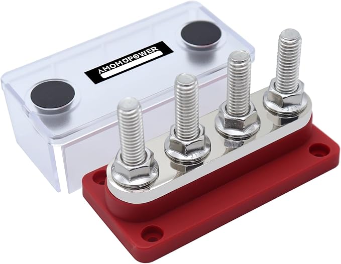 AMOMD 300A Bus Bars 4 Terminal Studs (3/8 inch) M10 Nickel Plated Copper Distribution Block Negative Electrical Buss Bars 12-48 V DC with Cover for Trailer Marine Boat Car RV (Red)