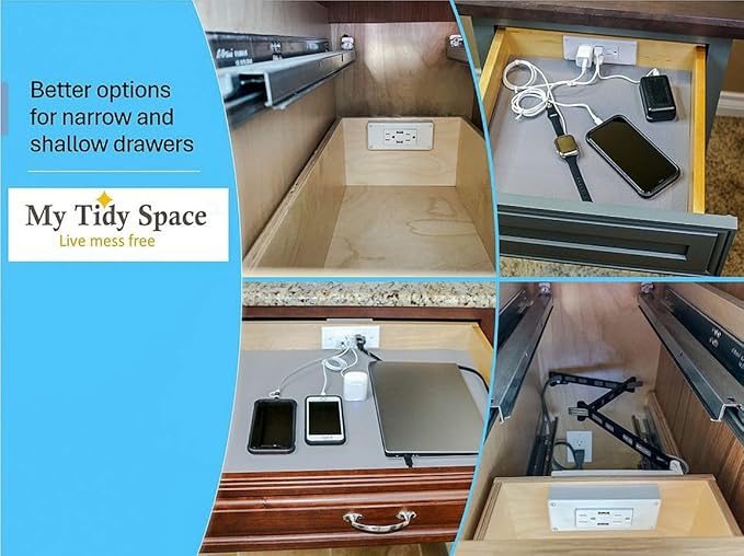 My Tidy Space Low Profile (2) PD30W USB-C (2) 15 Amp in Drawer Docking Station Outlet Plugs with Retractable arm