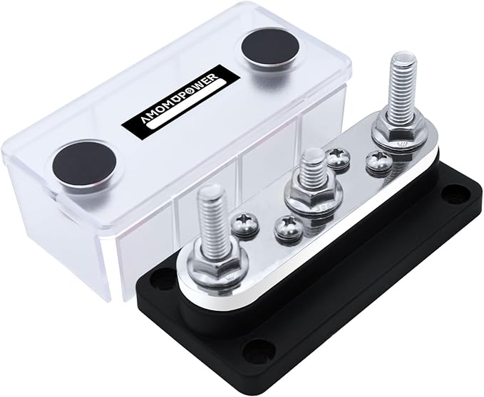 AMOMD 300A Bus Bars 3 Terminal Studs (5/16 inch) M8 4x8#-32 Screws Nickel Plated Copper Distribution Block Negative Electrical Buss Bars 12-48 V DC with Cover for Trailer Marine Boat Car RV (Black)