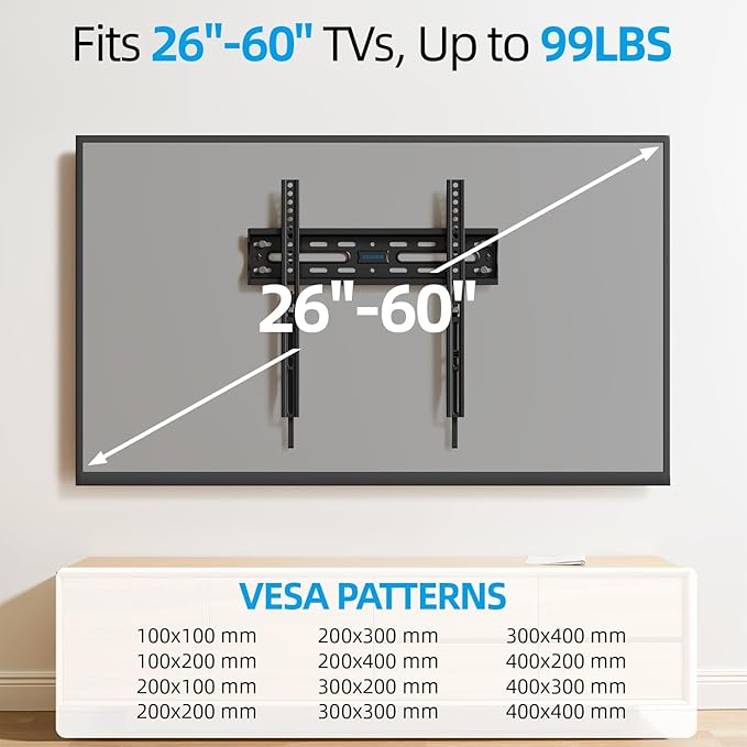 Fixed TV Wall Mount for Most 26-60 Inch Screen, Low Profile TV Mount with Quick Release Lock, Ultra Slim Wall Mount Bracket, Max VESA 400x400mm, Holds up to 99 lbs, up to 16”Wood Studs by USX STAR