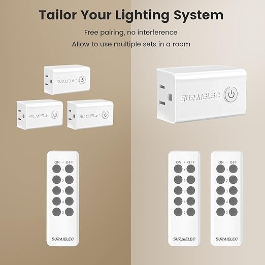 SURAIELEC Remote Control Outlet, Wireless Remote Light Switch, 100 FT, 15A/1875W, Expandable Indoor Compact Side Outlet Plug for Lamps, Fans, Christmas Trees, Small Appliances, 5 Outlets + 2 Remotes