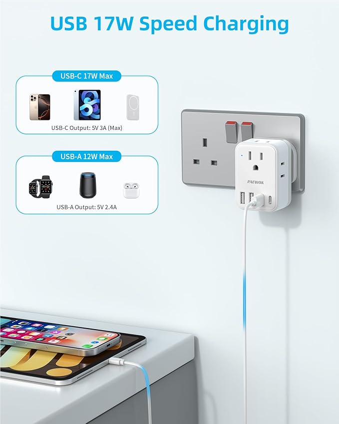 PAEWOK European Travel Plug Adapter Set, 8-in-1 Travel Adapter with 4 AC, 4 USB Ports (2 USB C), US to EU/UK Universal Adapter, International Power Adapter with Type C/G/A/I/D/M Detachable Plugs