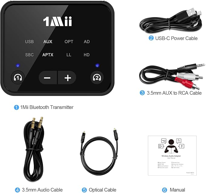 1Mii Bluetooth 5.3 Transmitter for TV to 2 Wireless Headphones, Long Range 100ft Bluetooth Adapter for TV aptX Adaptive & HD/Volume Control, Optical/USB/AUX/RCA Audio Inputs