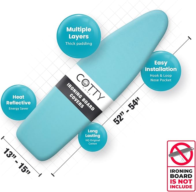 COTTY HOME Extra Thick Ironing Board Covers with Pad Standard Size 15x54, Heat Reflective Full Scorch Resistant Padding, Snug Fit Non-Slip Nose Pocket Fastener Straps Elastic Edges, Turquoise