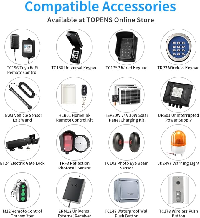 TOPENS PW802 Automatic Gate Opener for Heavy Duty Dual Swing Gates Up to 18ft per Arm, Dual Swing Gate Operator AC Powered with Remote Control Kit Gate Motor Solar Compatible