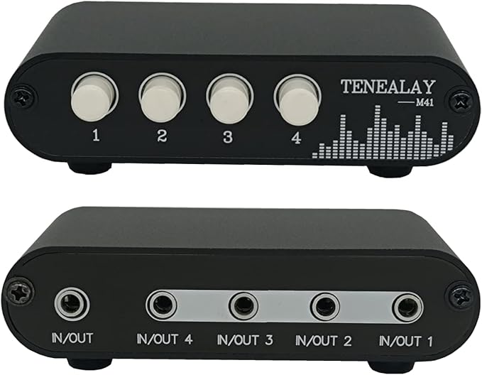 TENEALAY 4 in 1 Out / 1 in 4 Out AUX 3.5mm Stereo Audio Input Signal Source Switcher, 4-Way Switch Selector Splitter Box M41