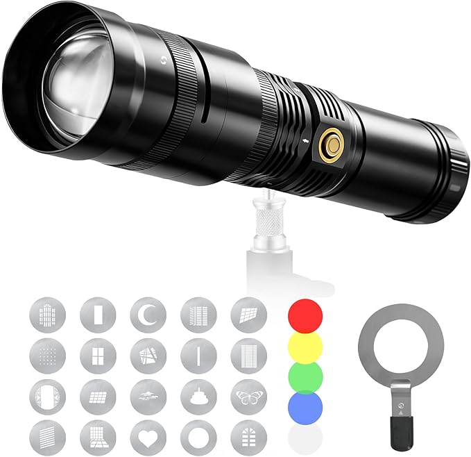 Alluneitter 40W LED Photography Flashlight Aluminum, Professional Imaging Lens, Stepless Zoom Control, 7800mAh,4 Color Light with 20 gobos for Photo, Content Creation Video Recording Accessorie