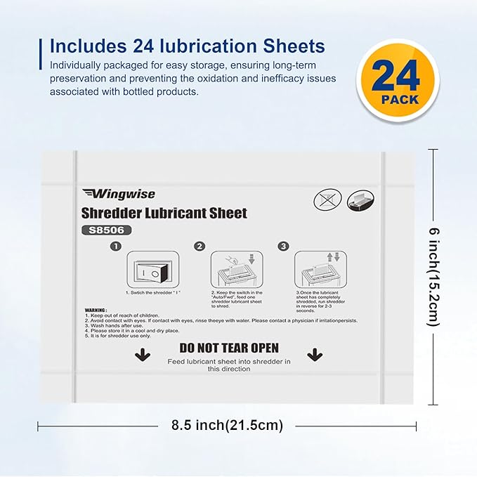 Wingwise 24-Pack Shredder Lubricant Sheets, 8.5 x 6 Inches, Sharpens Blades & Prevents Jams, Mess-Free Maintenance for Home and Office Use