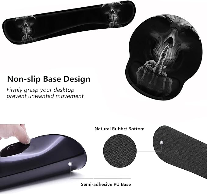 Keyboard Wrist Rest and Mouse Pad Wrist Support Set with Coasters, Non-Slip PU Base Ergonomic Gaming Mousepad for Home Office Working Studying Easy Typing & Pain Relief, Funny Skeleton Skull