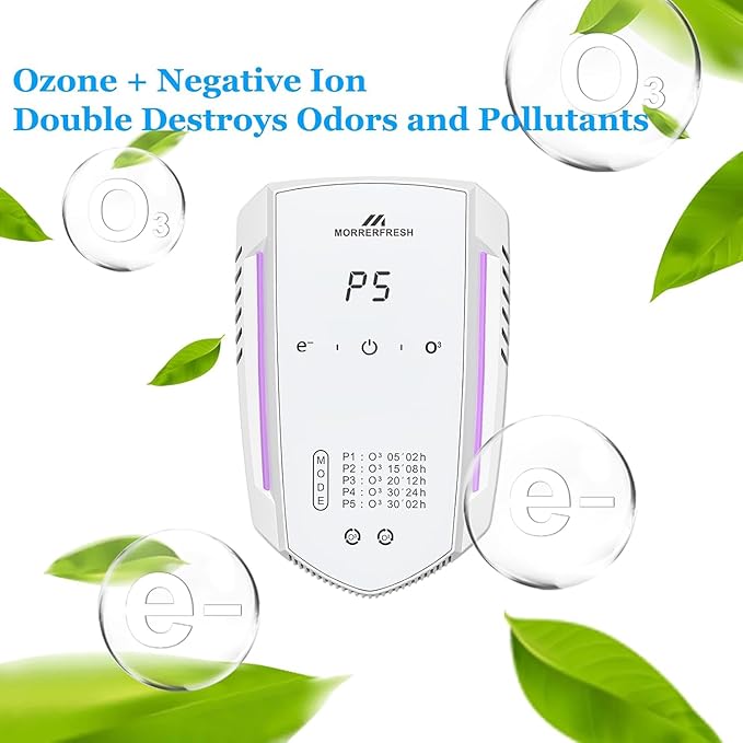 Morrerfresh Ozone Odor Eliminator for Strong Odor 99% Cat Litter Deodorizer Dog Poof Odor Removal Air Ionizers for Home Portable Air Purifier for Pets Toilet Wardrobe Shoe Garage Room Cabinet White
