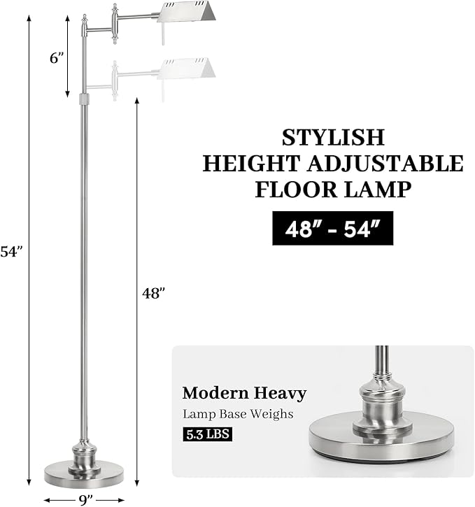 Dimmable Pharmacy Floor Lamp with Remote, 17W LED Reading Floor Lamp with 360°Swing Arm, 3 Color Temperature, Height Adjustable Silver Standing Task Lamp for Living Room, Bedroom, Brushed Nickel