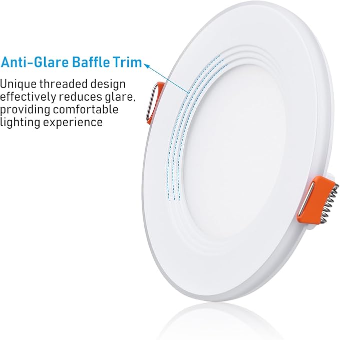 TORCHSTAR 8-Pack 5CCT 4 Inch Slim LED Recessed Lights with Night Light, CRI90, Anti-Glare Baffle Trim, 27003000350040005000K Selectable, 9W Dimmable Ultra-Thin Canless Wafer Downlight, ETL