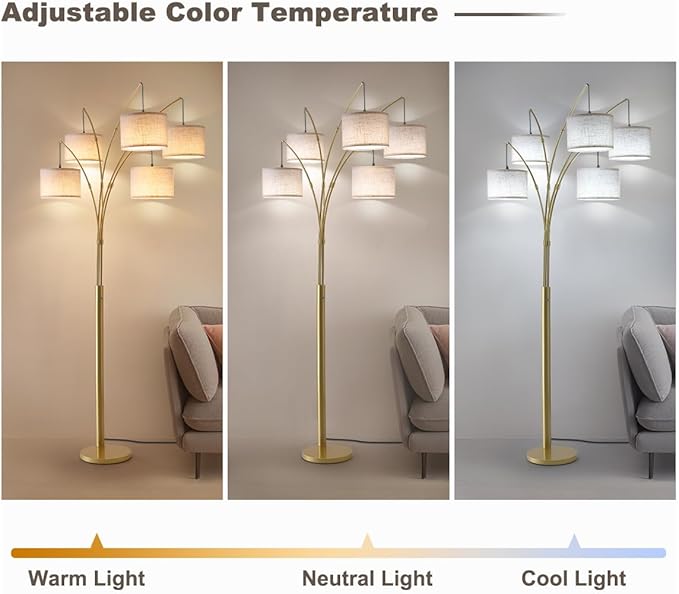 Fansdrick Gold Floor Lamps for Living Room, 4000LM Super Bright Arc Floor Lamp with Remote Control, Large Tall Floor Lamps with Stepless Dimmable, 80" Mid Century Tree Floor Lamp for Bedroom, Office