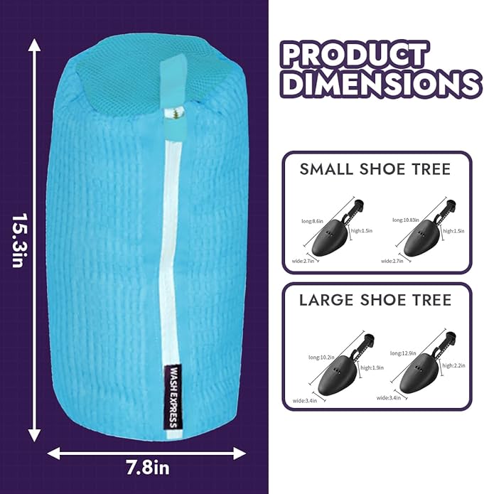 Wash Express Shoe Cleaning Kit: Shoe Washing Bag (2pcs), Mesh Laundry Bag for Shoe Dryer and Adjustable Shoe Trees (5 pc kit)