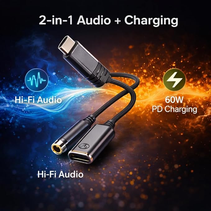 Mizi [2025 Upgraded USB-C to 3.5mm Headphone & Charger Adapter – 2-in-1 Type-C Audio Dongle with Hi-Res DAC & Fast Charging – Compatible with iPhone 16/15, Galaxy S25/S24, Pixel, iPad - Grey