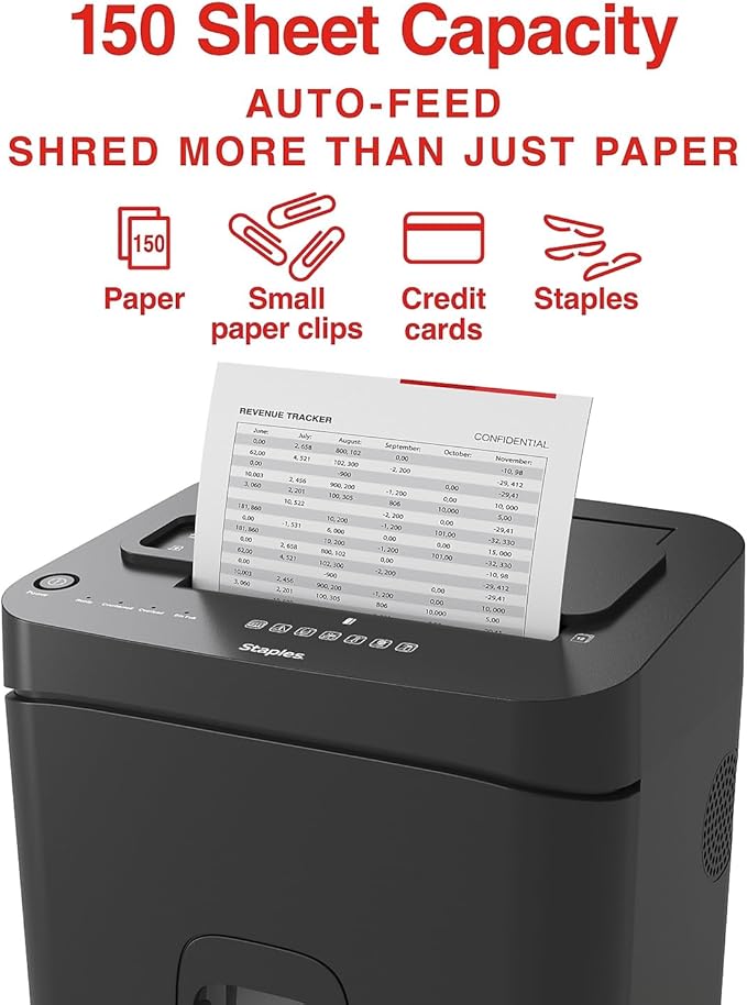 Staples 150-Sheet Micro-Cut Paper Shredder, Autofeed, Anti-Jam, 7.4-Gallon Pull-Out Bin, Black, for Home & Office