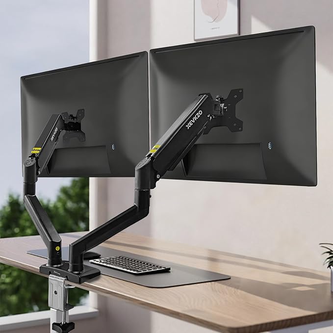 XEVKZO Dual Monitor Arms, Gas Spring Monitor Arms for 2 Monitors up to 34" Curved/Flat, 22lbs per Arm, VESA Mount 75x75 100x100mm, C-Clamp & Grommet Base, Adjustable Tilt/Swivel/Rotation