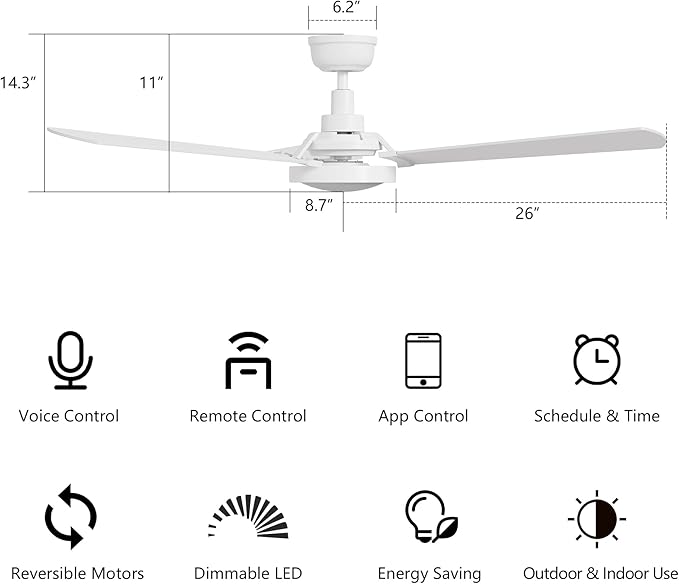 SMAAIR 52 Inch Smart Wifi Ceiling Fans with Dimmable LED Lights and Remote, Compatible with Alexa/Google Home/Siri/APP, Outdoor DC Fans with 10 Speeds, Timer/Schedule,White