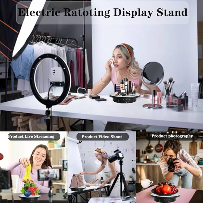 JAYEGT 3 in 1 Motorized Rotating Display Stand with 5.74 /7.08/ 8.66 inch Replacement Mirror Cover，Max 22lbs Load，360 Electronic Turntable for Photography Products (Mirror /3 in1 / Black/ Remote controller)