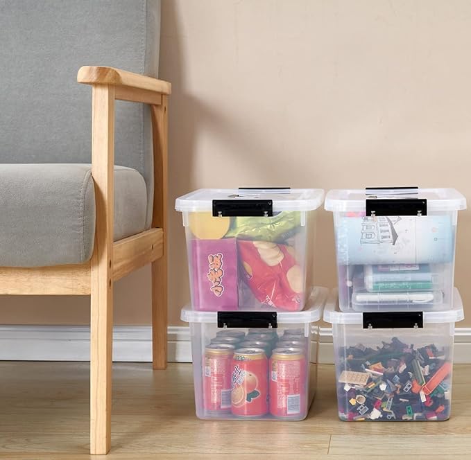 JUJIAJIA Clear Storage Latch Box 12 Quart, Plastic Organizing Box/Bin with Lid and Black Handles, 6-Pack
