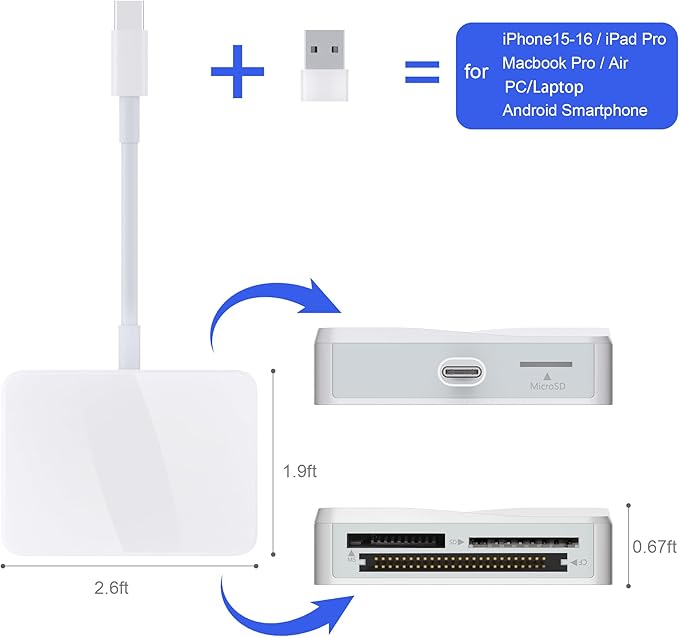 SD Card Reader, 4 in 1 USB C to SD/TF/CF/MS Card Reader with USB to USB C Adapter Memroy Card Reader for iPhone 17/16/15 Pro Max iPad Pro MacBook Pro/Air iMac M4/M3/M2 Android Phone/Tablet PC (White)