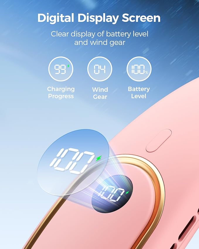 SHEWIND Portable Neck Fan - Hands Free Personal Fan, Rechargeable Bladeless Fan with 5000mAh-Battery, Digital Display, 4 Speeds, Birthday Gifts for Men, Women, Mom, and Dad - Pink