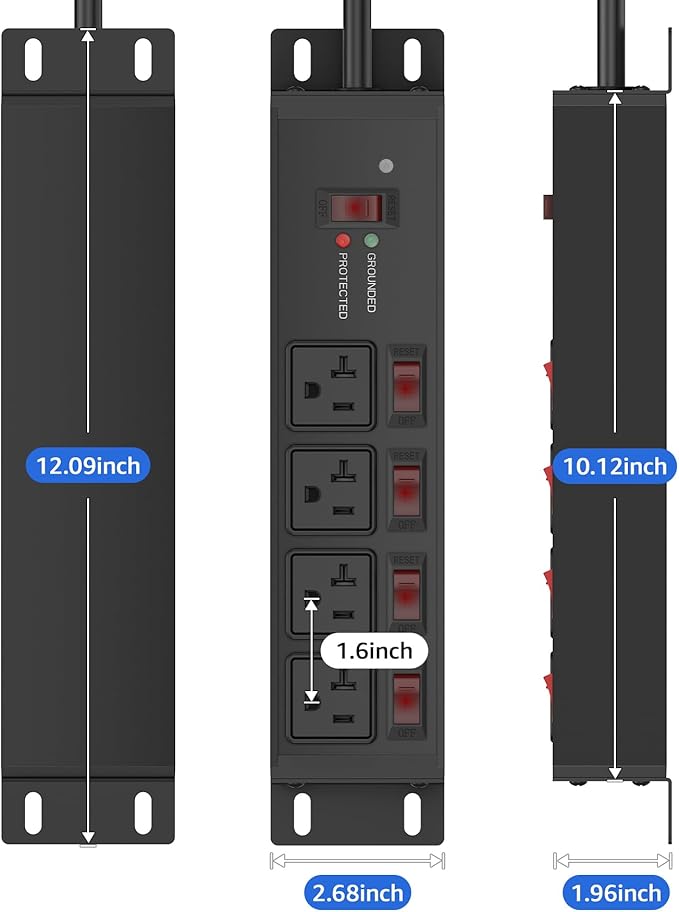 CCCEI Heavy Duty Surge Protector Power Strip 20 Amp Individual Switches. 6FT 12 Gauge Extension Cord with Multiple Outlets. Kitchen, Garage, Shop, Industrial Wall Mount Electric Extender, Black.