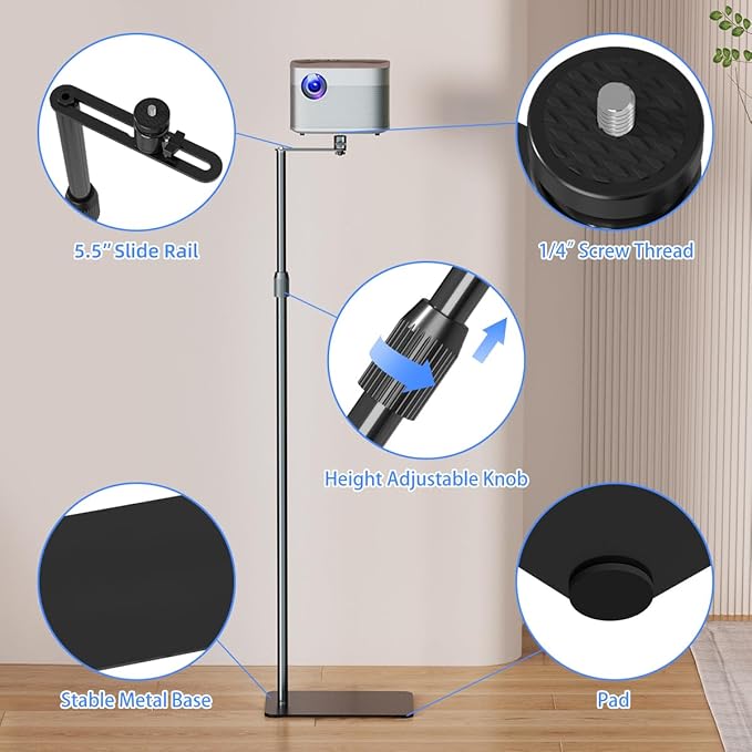 suptek 63.9” Extendable Projector Stand Against Wall Hidden Stand, 360°Swivel, Height Adjustable, Mini Projector Mount Bracket, Compatible with Home Office Video Vlog DVR Camera, PR001FPL