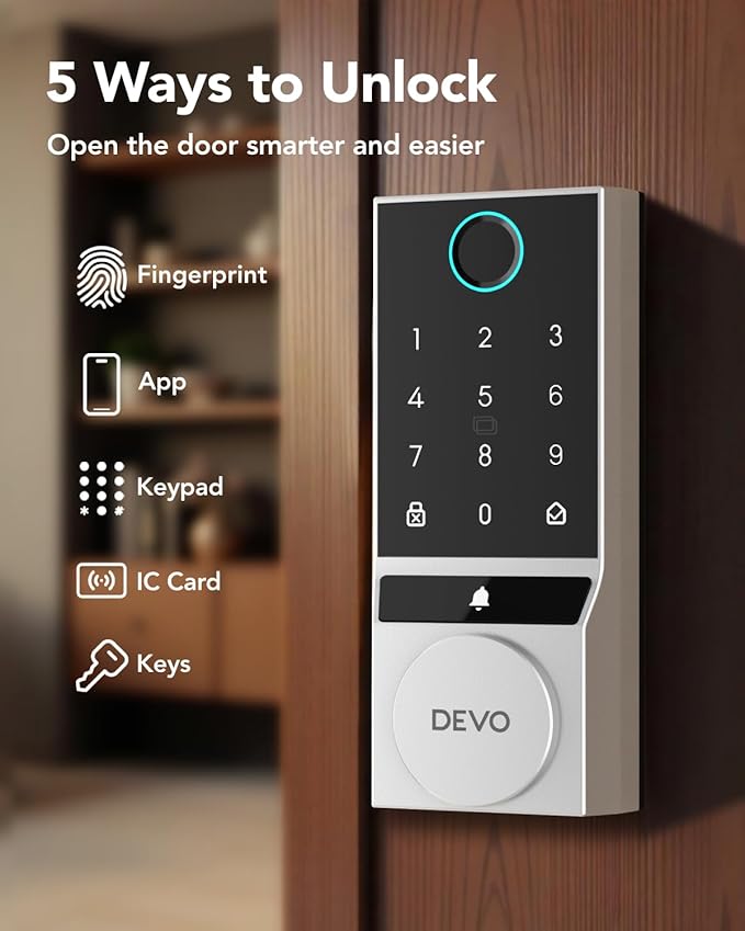 Devo G2 Fingerprint Smart Door Lock, Keyless Entry Door Lock, App Control, Smart Locks for Front Door, Smart Deadbolt Lock, Built-in Bluetooth, Touchscreen Keypad, 8 Months Battery, IP54 Waterproof