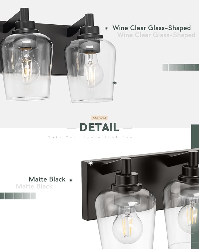 METWET Bathroom Light Fixtures, 4-Light Modern Vanity Light with Clear Glass Wine Glass-Shaped Shade, Vanity Lighting Fixtures Over Mirror, Matte Black, VL155-MB-4