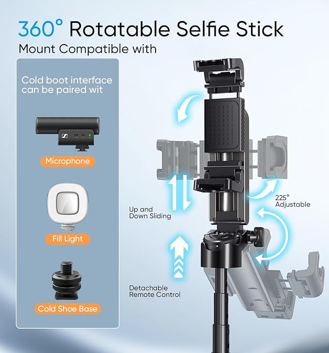 MAGIC JOHN Phone Tripod, Portable Selfie Stick, Pocket Size Tripod for iPhone, Selfie Stick with Detachable Remote Control & 2 Fill Light for Photograph, Live Streaming, Video Recording