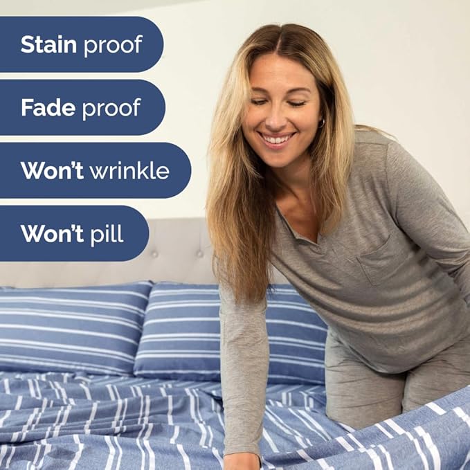 RV Short Queen Sheet Set 60 X 75 - 4 Piece RV Short Queen Bed Sheets - Soft, Breathable & Cooling - Designed for Bunks, Trailers & Campers - Fits 8” to 12" Mattress - Luxury Bedding - Blue Stripes 3