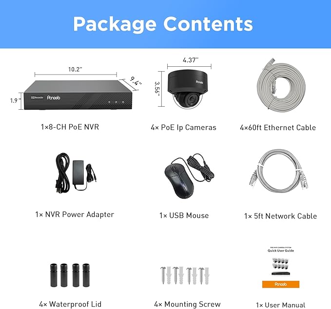 PANOOB 4K 8 Channel 8MP PoE Security System, 4PCS 8MP Outdoor Dome Cameras, Human Detection, 24/7 Audio Recording for Home Business,8Ch NVR w/ 2TB HDD Balck PD54B0408-8M-1
