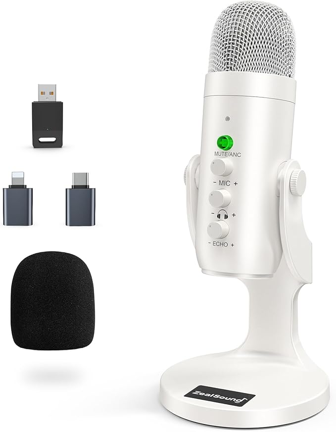 ZealSound Wireless Microphone,USB Mic for iPhone PC iPad Android Phone-Cordless Condenser Desktop Microphones with Mute Echo Monitor Volume Gain 2.4GHz for Podcast,ASMR,Gaming,YouTube Video/K66 White