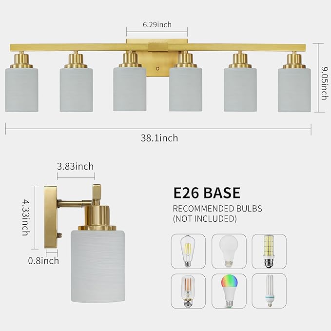 DIKAIDA 6 Light Gold Bathroom Vanity Light, Gold Bathroom Light Fixtures, 38" Modern Brushed Gold Vanity Lighting Fixtures for Bathroom Over Mirror, Gold Sconces Wall Lighting for Bedroom Living Room
