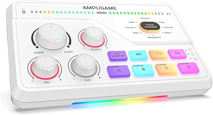 FIFINE Audio Mixer for Gaming with 7.1ch Surround Sound-Volume Knob-Mute-Voice Chat, RGB Computer Mixer with XLR Mic Interface Compatible wtih TV for Live Streaming-AmpliGame SC8W