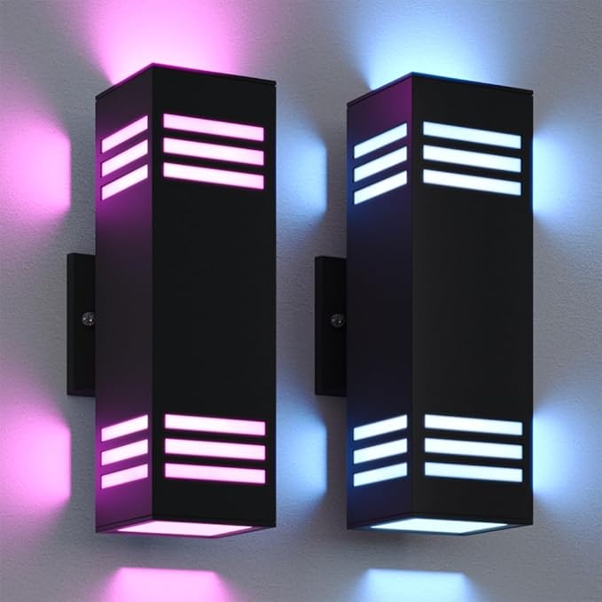 rosykite Smart Outdoor Sconce Lights 2 Pack, Up Down Wall Porch Lights RGB Color Changing WiFi APP Control, Dimmable LED Exterior Wall Lighting Fixtures Work with Alexa,No Hub Required,ETL Listed