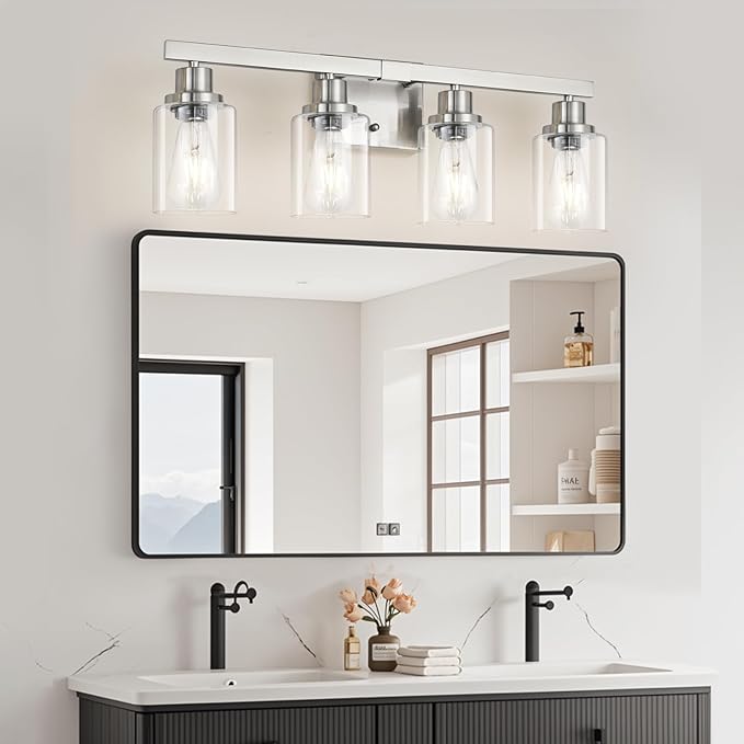 DIKAIDA Bathroom Vanity Light, 4-Light Nickel Modern Matte Wall Sconce Lighting with Clear Glass Shade, Wall Lights,Bath Vintage Wall Mounted Lamps for Mirror Bedroom Living Room