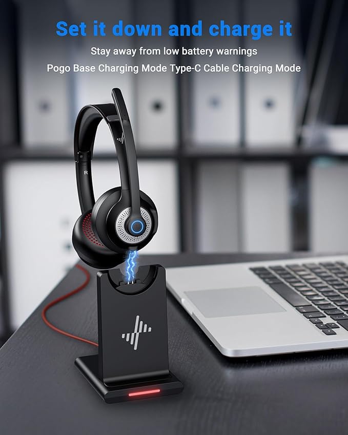 JIAMQISHI Wireless Headset with AI Noise Cancelling Microphone Bluetooth Headset - Bluetooth V5.2 Headphones with USB Dongle Charging Base & Mic Mute for Computer/Laptop/PC/Phone/Android/Cell Phones